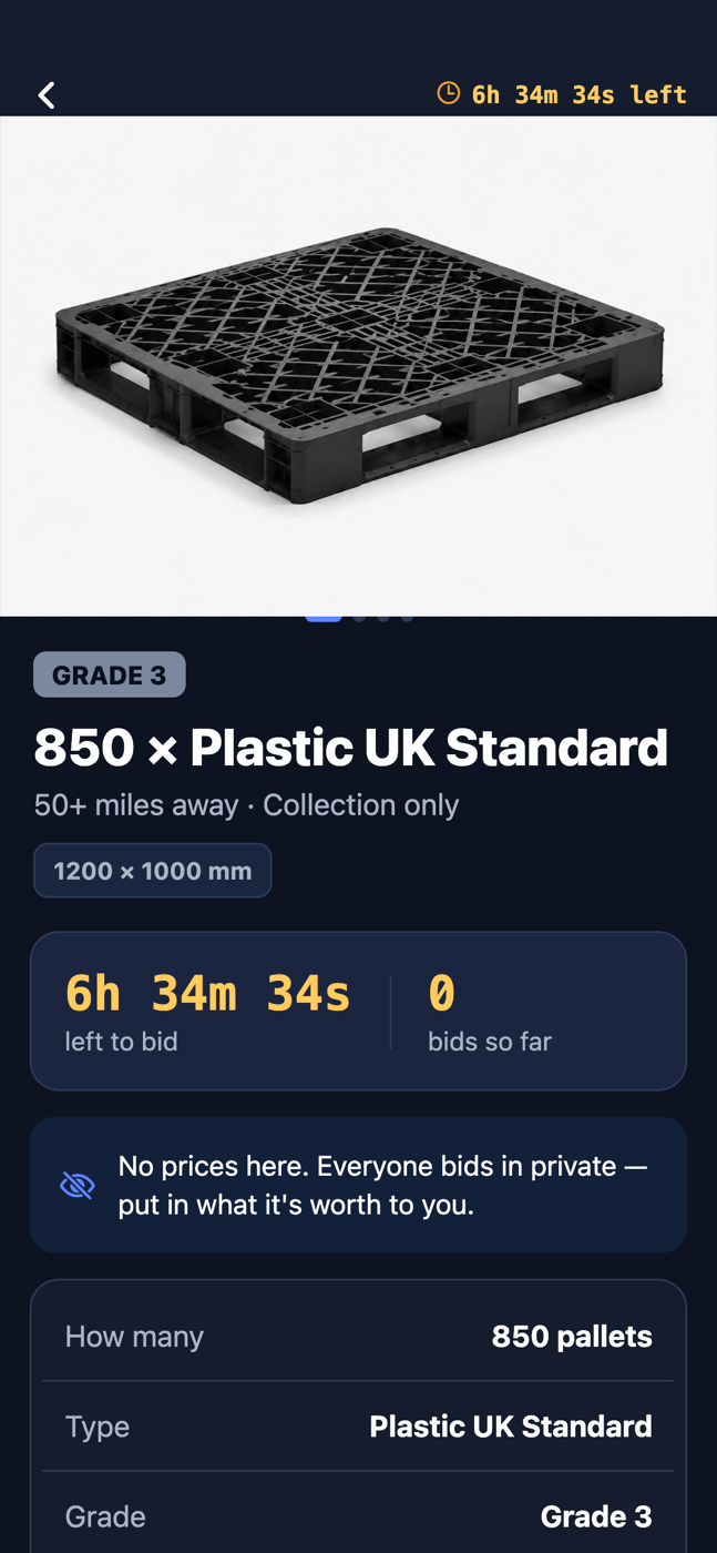 A pallet listing in the TPX app with no prices shown