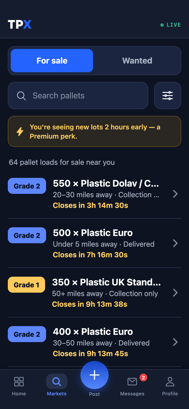 The TPX marketplace in the app