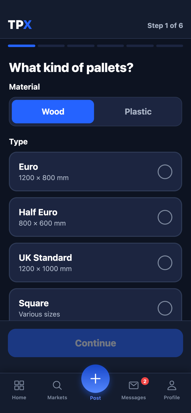 Choosing the pallet type in the TPX app