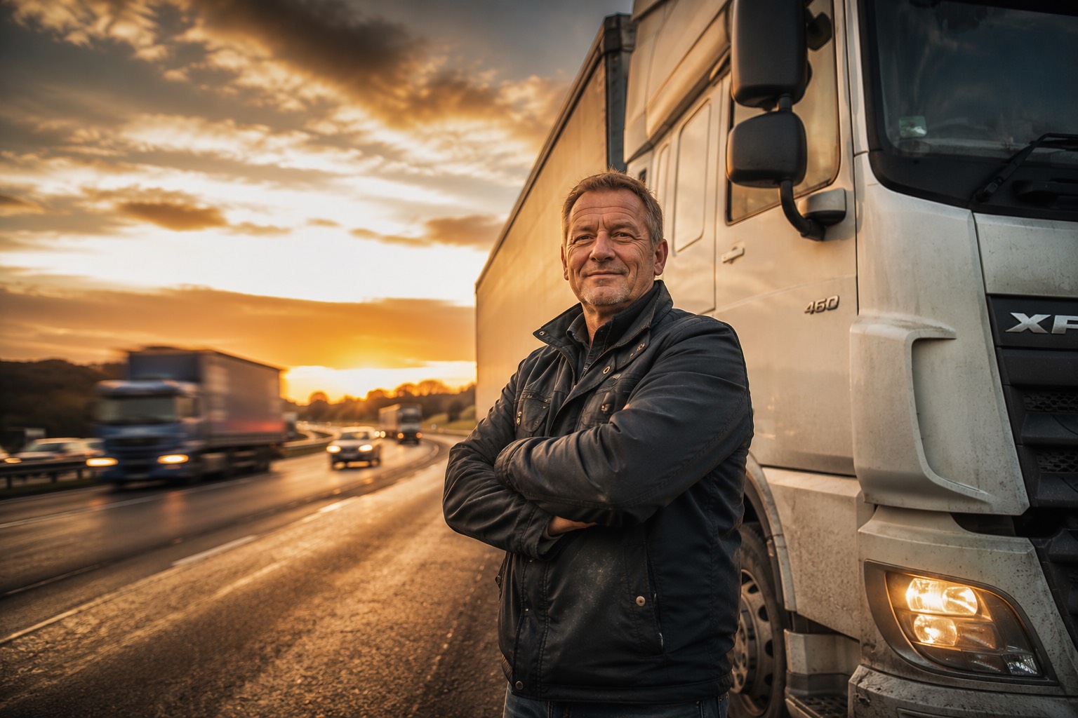 A haulier at the roadside at dusk