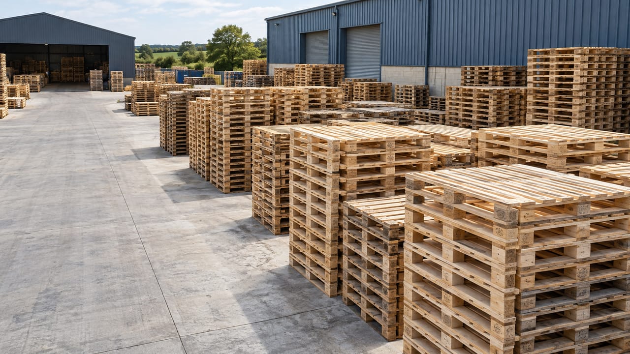 Illustration of stacked wooden pallets in a yard
